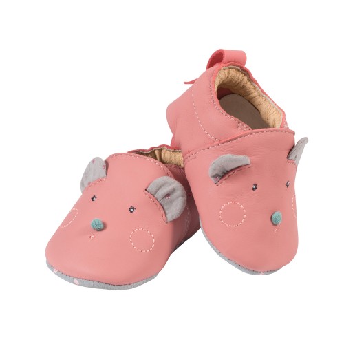 Chaussons cuir souris rose Les Jolis trop beaux 12/18 mois