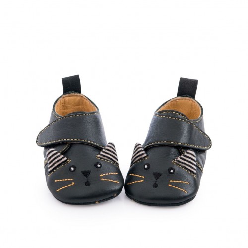 Chaussons cuir chat noir Les moustaches 12/18 mois