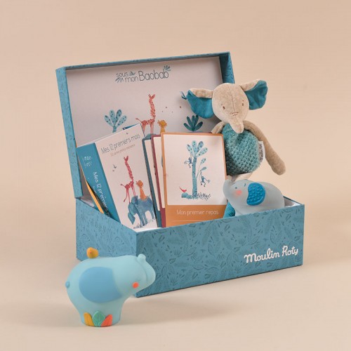 Coffret cadeau naissance Moulin Roty veilleuse Eléphant Sous Mon Baobab
