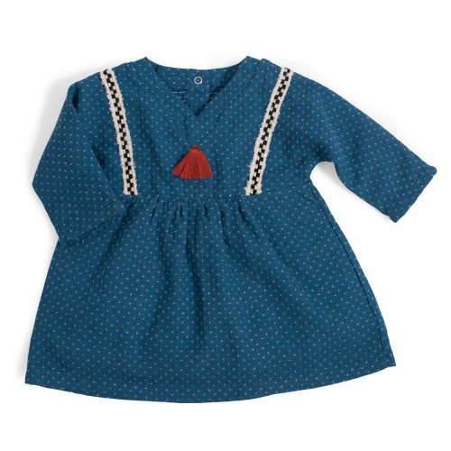 Cécile Robe Jacquard Bleu A Pois Blancs Sous Mon Baobab Moulin Roty