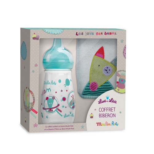 Coffret biberon + bavoir Jolis pas beaux - Luc et Léa